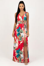 Printed V-Neck Sleeveless Dress — Red