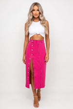 High-Waisted Denim Slit Skirt — Rose Red