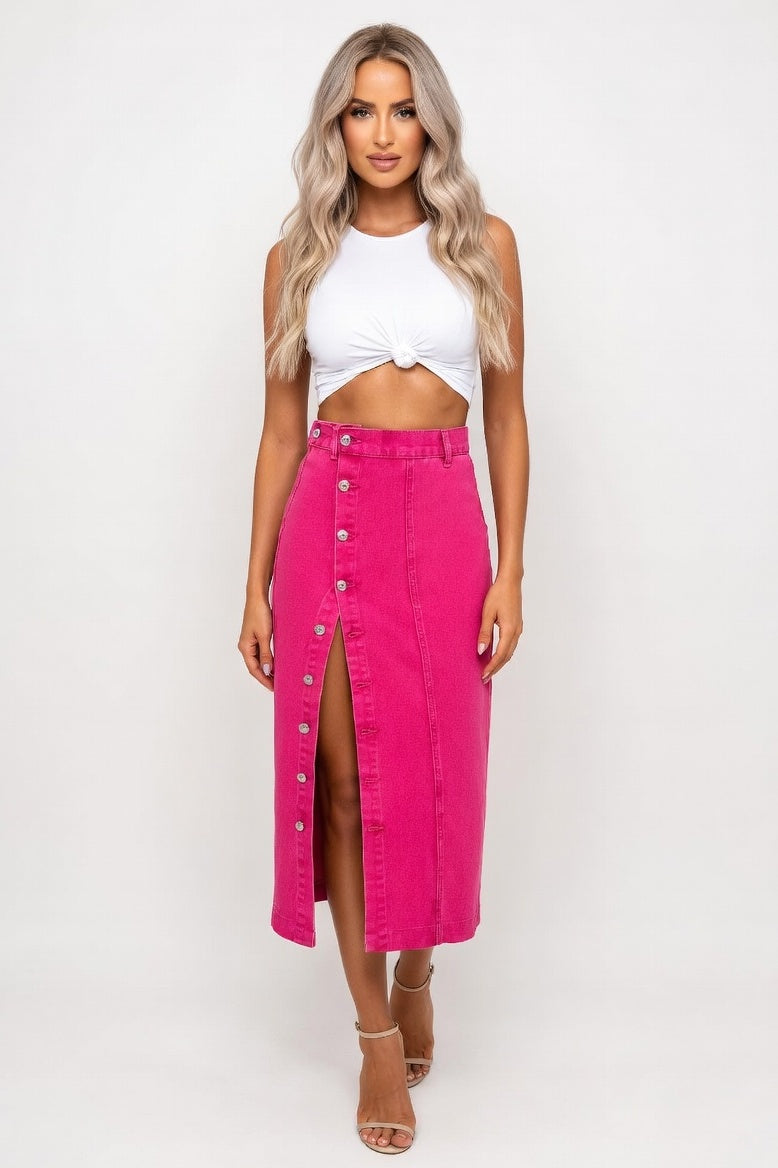 High-Waisted Denim Slit Skirt — Rose Red