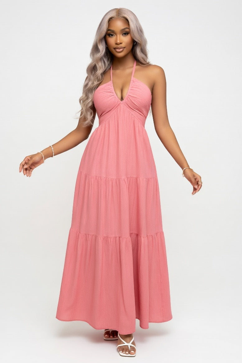 Deep V Halter Dress — Pink