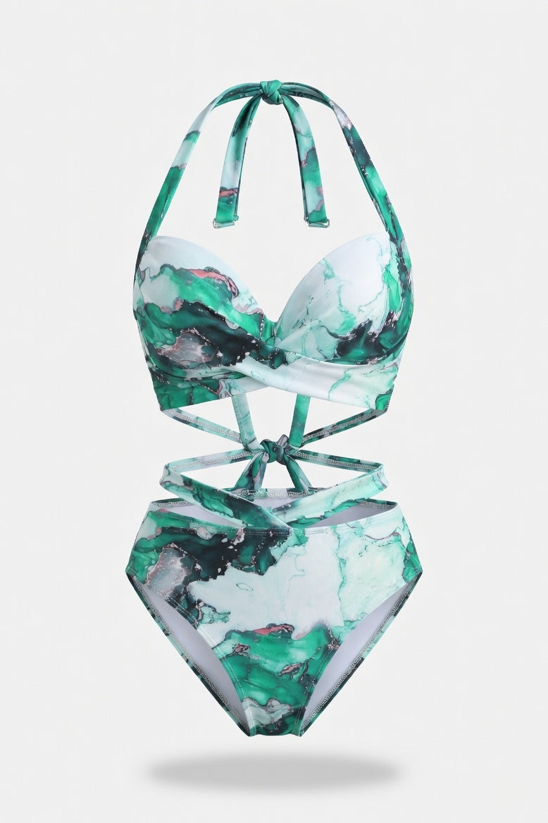 Printed High Waist Bikini Set — Green Marble