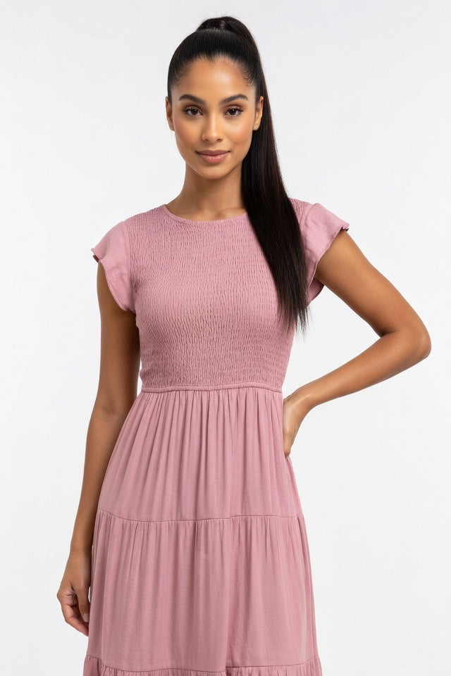 Pleated Short Sleeve Dress — Pink