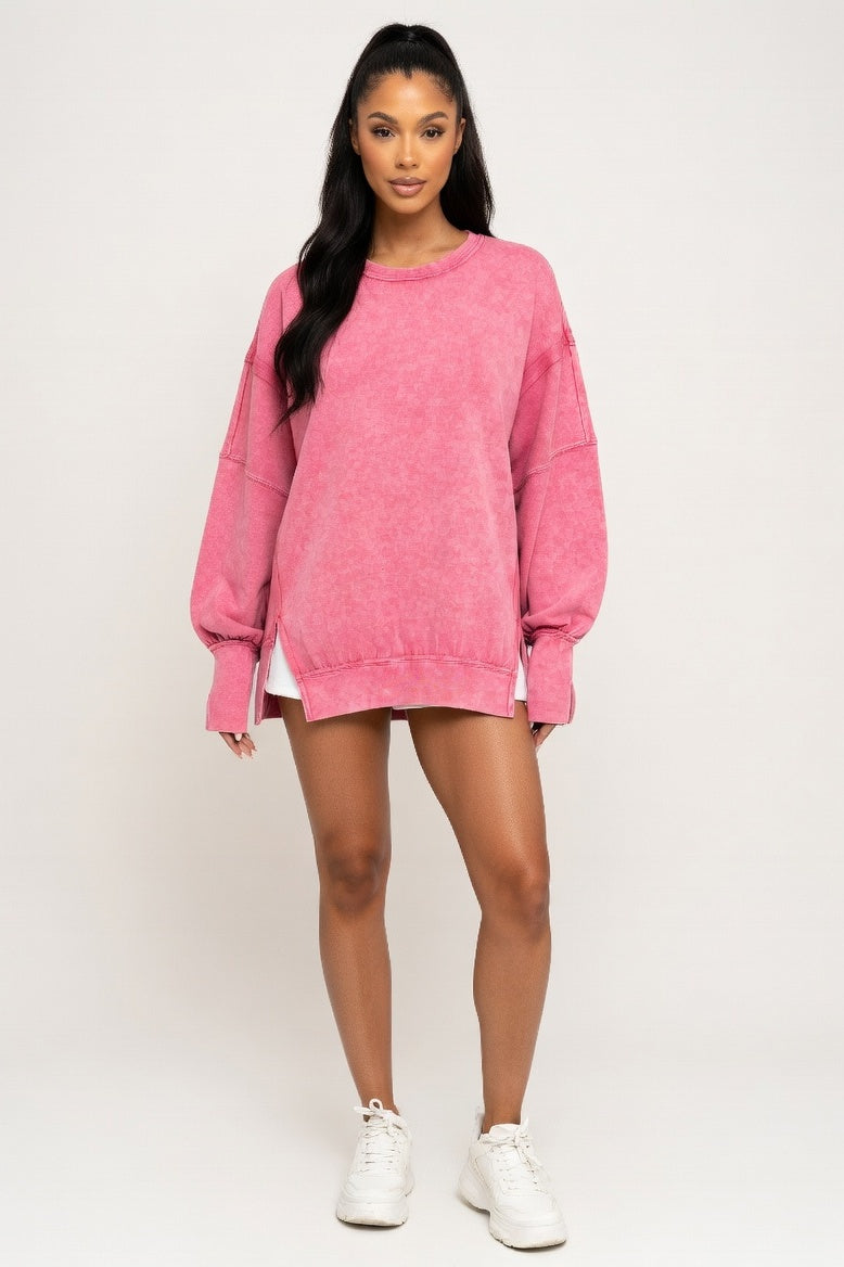 Washed Cotton Sweatshirt with Decorative Line Detail — Washed Pink