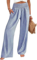 Check Print Wide Leg Trousers — Blue Check — colour variant