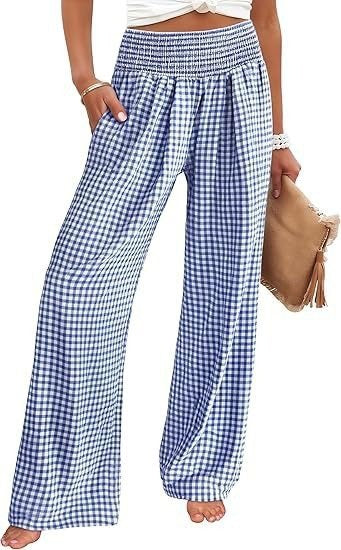 Check Print Wide Leg Trousers — Blue Check — colour variant
