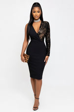Draped Deep V Midi Dress — Double Black Sequin