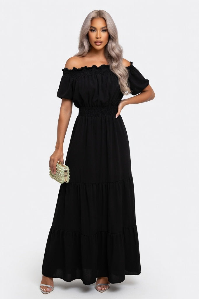 Off-Shoulder Midi Dress — Black