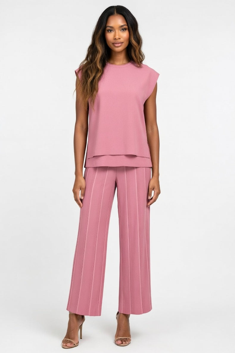 Knitted Co-ord Set Sleeveless Vest + Wide Leg Trousers — Pink