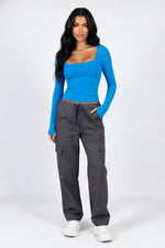 Ribbed U-Neck Long Sleeve Top — Light Grey