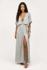 Deep V Midi Dress — Grey