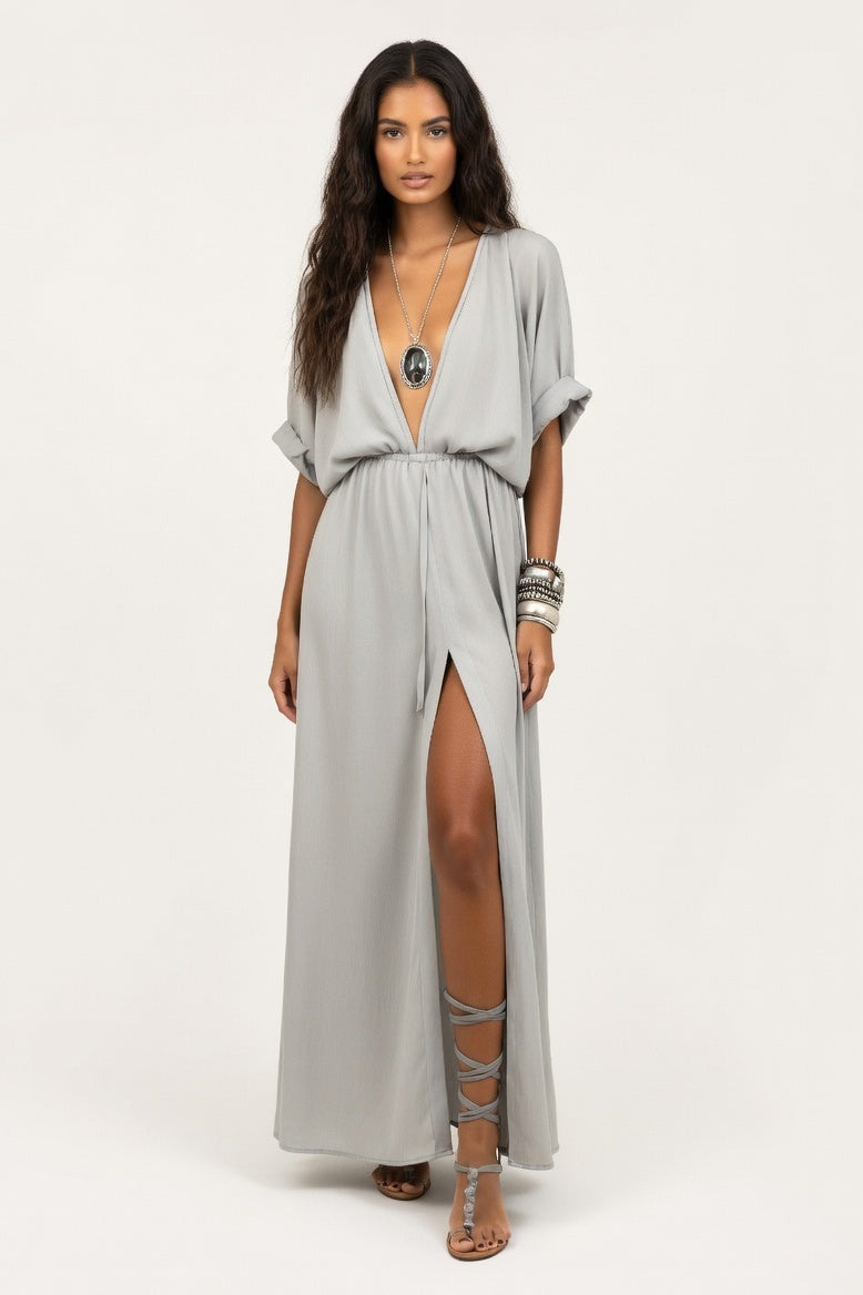 Deep V Midi Dress — Grey