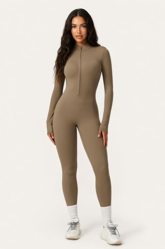 High-Neck Zip Bodysuit — Camel Brown