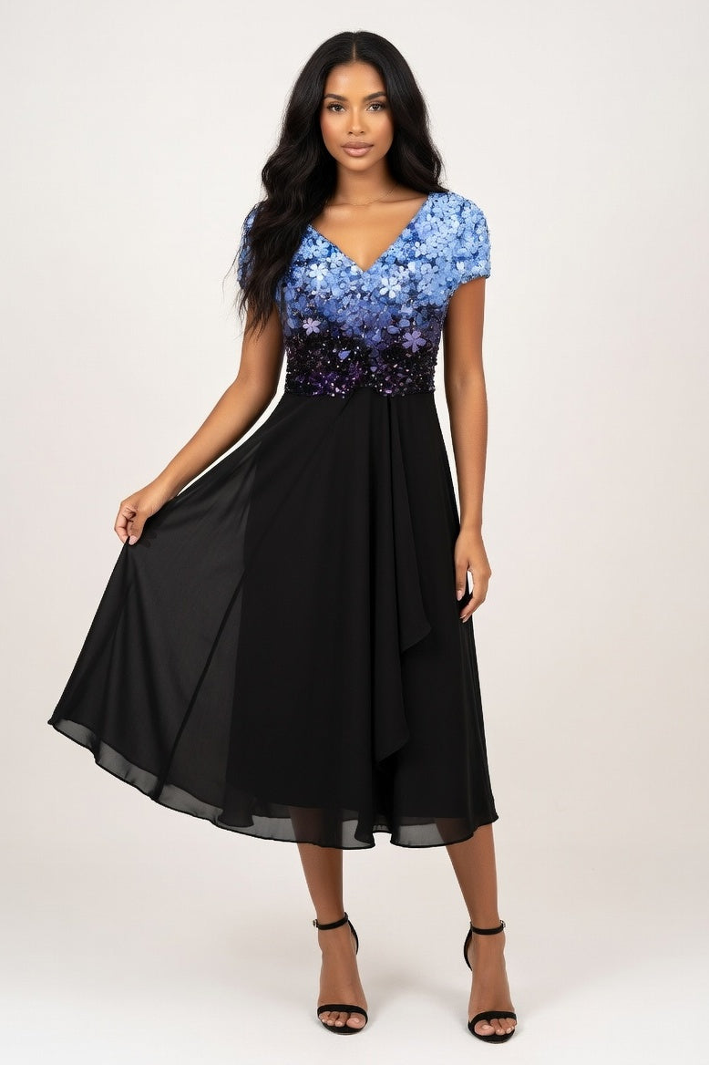V-Neck Printed Midi Dress — Blue