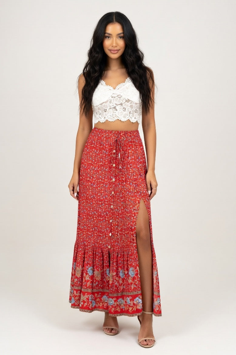 Viscose Midi Skirt with Front Slit — Red