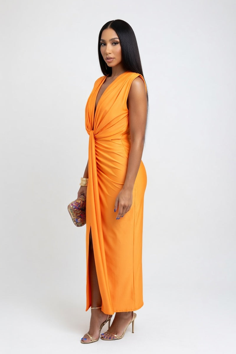 Satin V-Neck Pleated Dress — side view