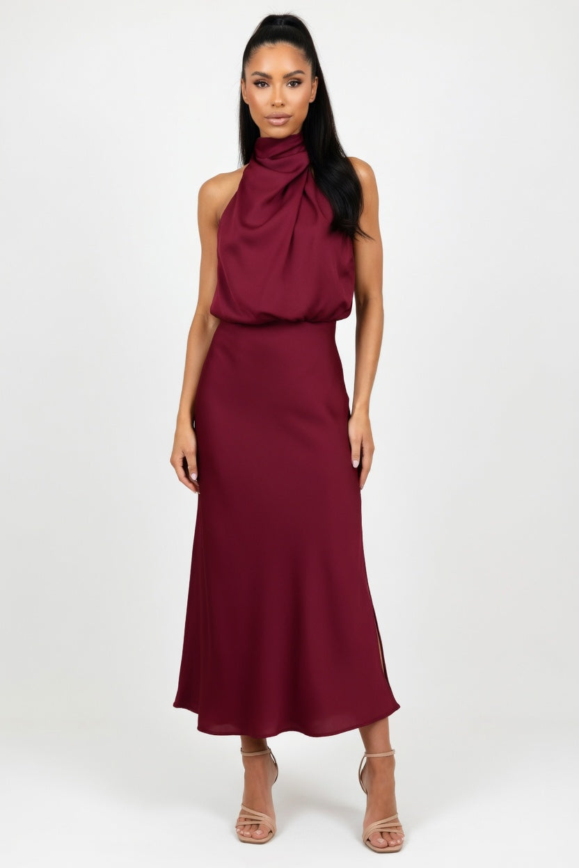 Satin Sleeveless Dress — Burgundy