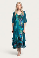Feather Print Cami Dress with Chiffon Cardigan Set — front view