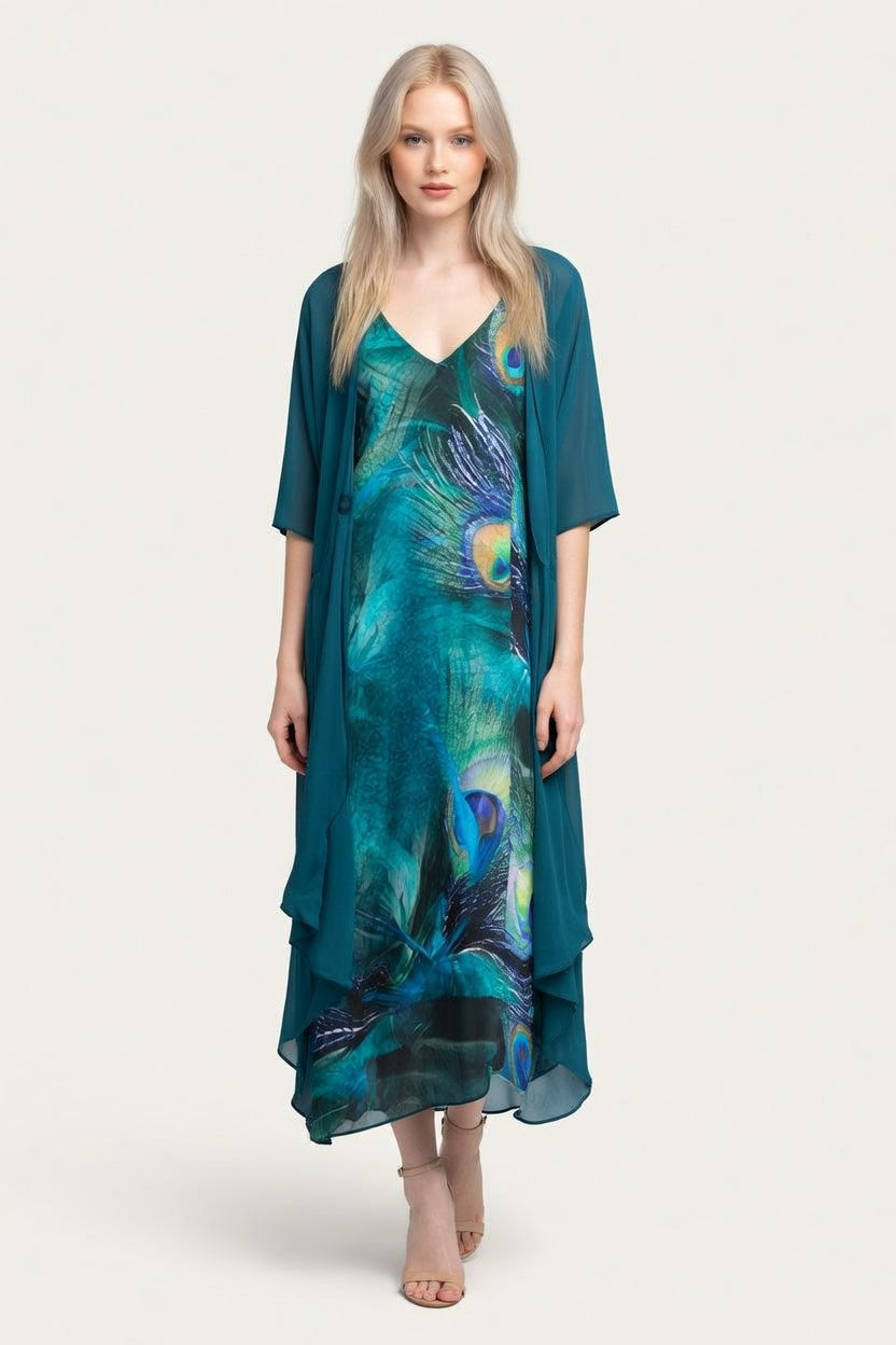 Feather Print Cami Dress with Chiffon Cardigan Set — front view