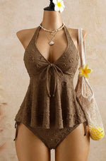 Lace Halter Swimsuit with Ruffle Detail — Coffee — colour variant