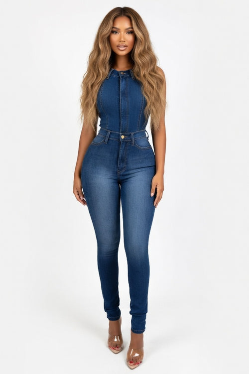 High Waist Slim Jeans — Dark Blue
