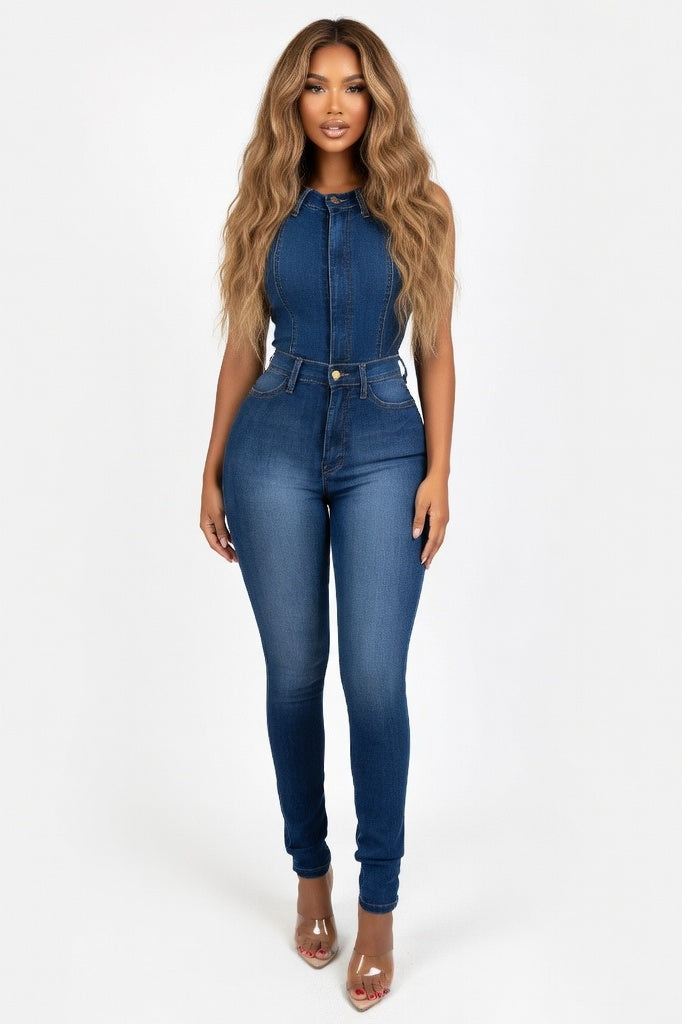 High Waist Slim Jeans — Dark Blue