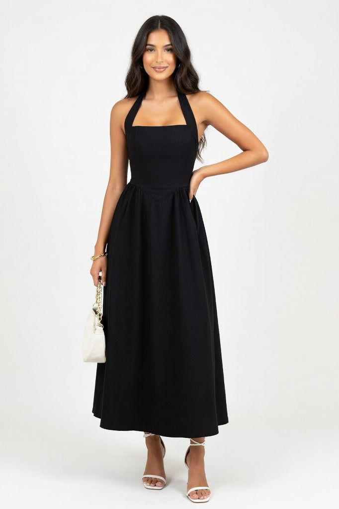 Square Neck Splice Dress — Black