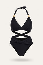 Halter Push-Up Split Swimsuit — Black