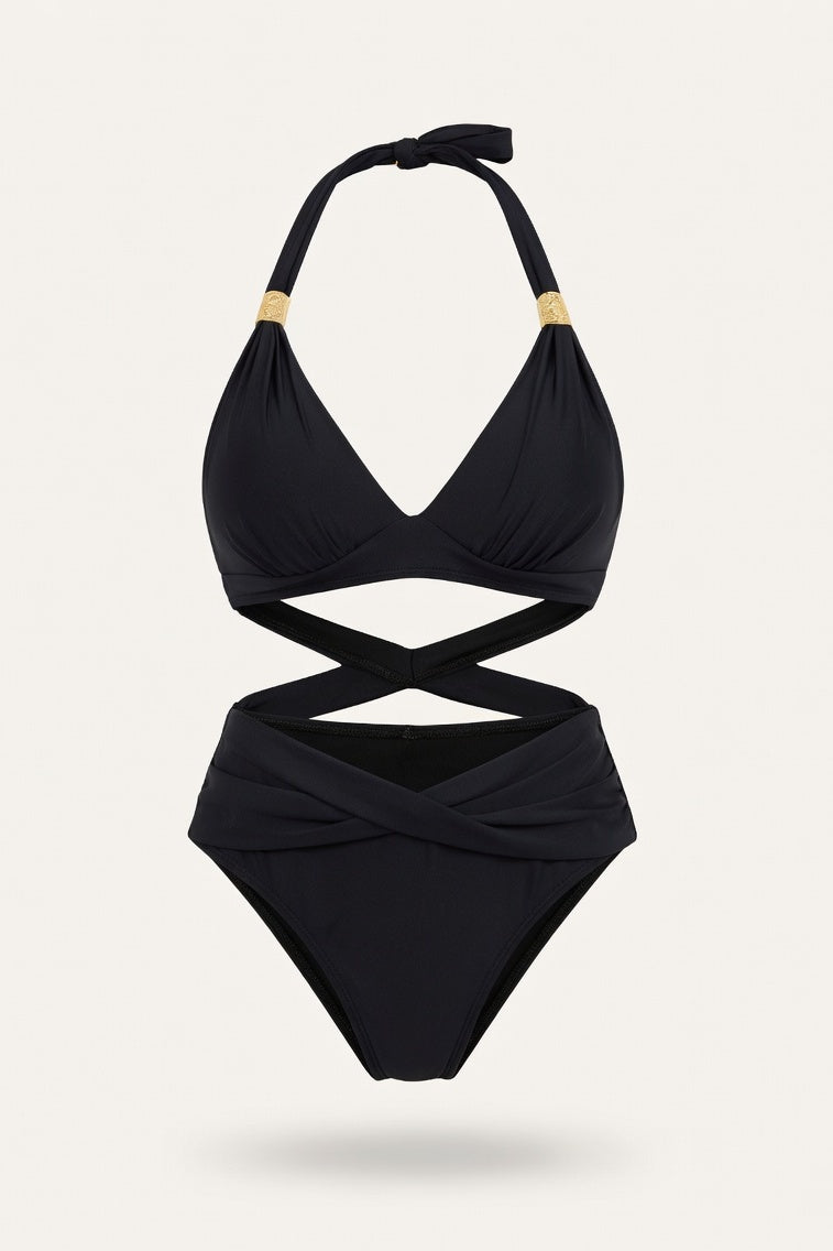 Halter Push-Up Split Swimsuit — Black