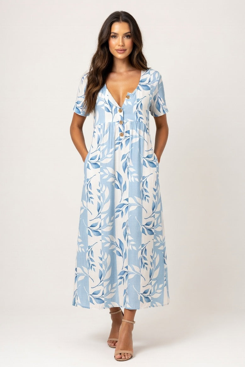 Knitted Dress Button Front Print — Sky Blue