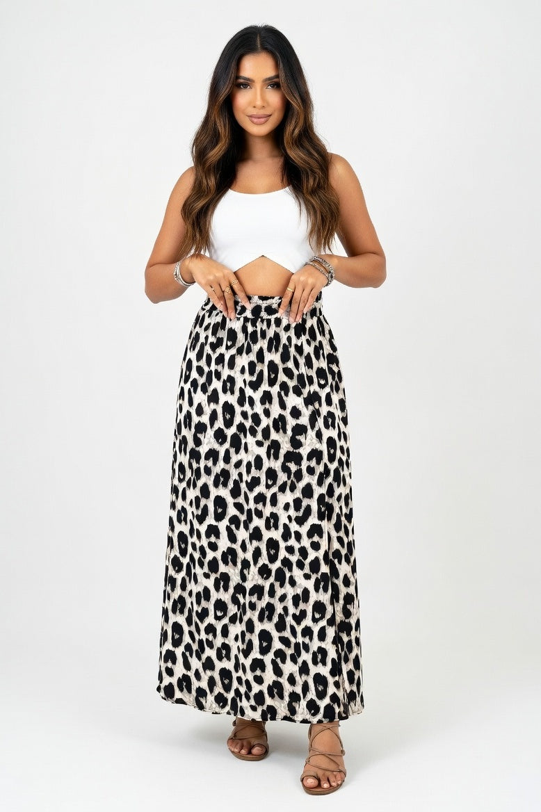 Printed Slit Midi Skirt — Leopard Silver