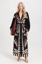 Printed V-Neck Dress with Lantern Sleeves — front view