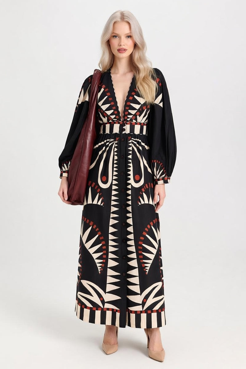 Printed V-Neck Dress with Lantern Sleeves — front view