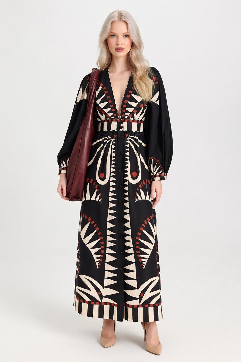 Printed V-Neck Dress with Lantern Sleeves — front view