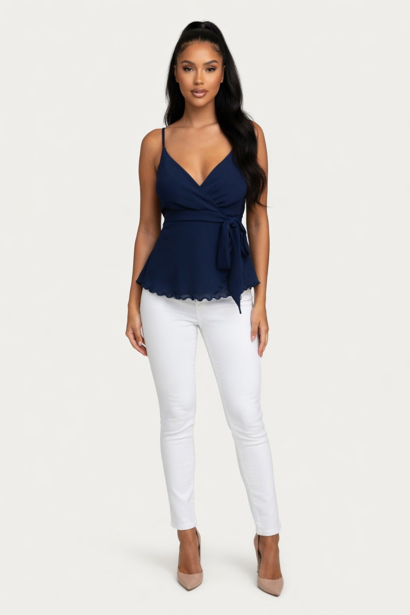 V-Neck Lace-Up Camisole Top — Beige
