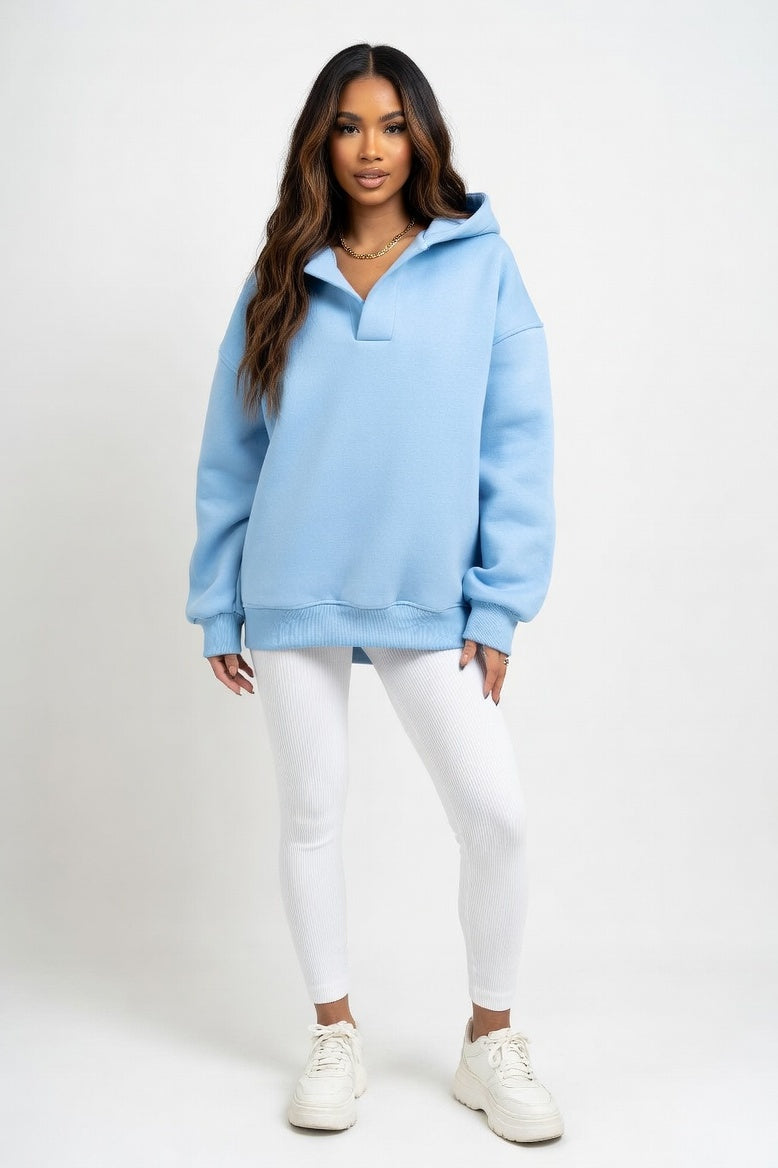 Hooded Sweatshirt with V-Tie Detail — Light Blue