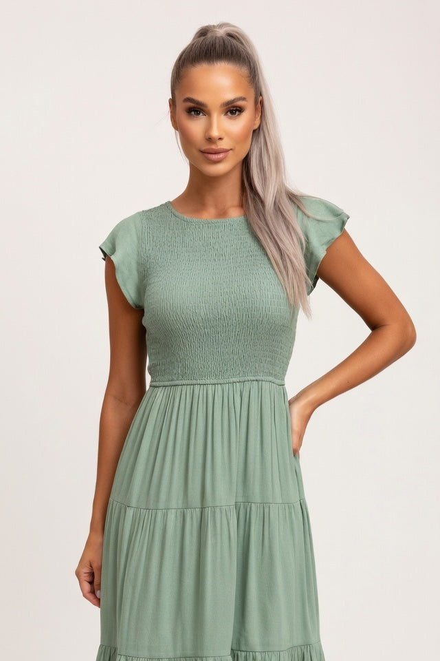 Pleated Short Sleeve Dress — Light Green