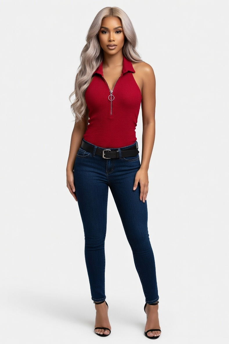 Zip Front Sleeveless Top — Burgundy