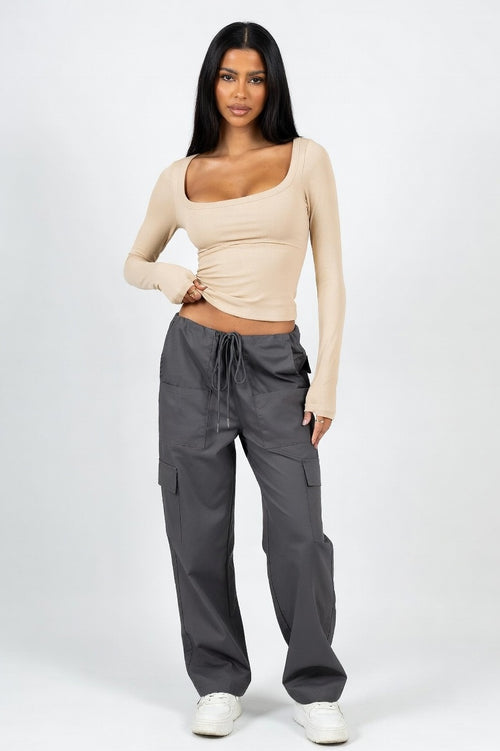 Ribbed U-Neck Long Sleeve Top — Apricot