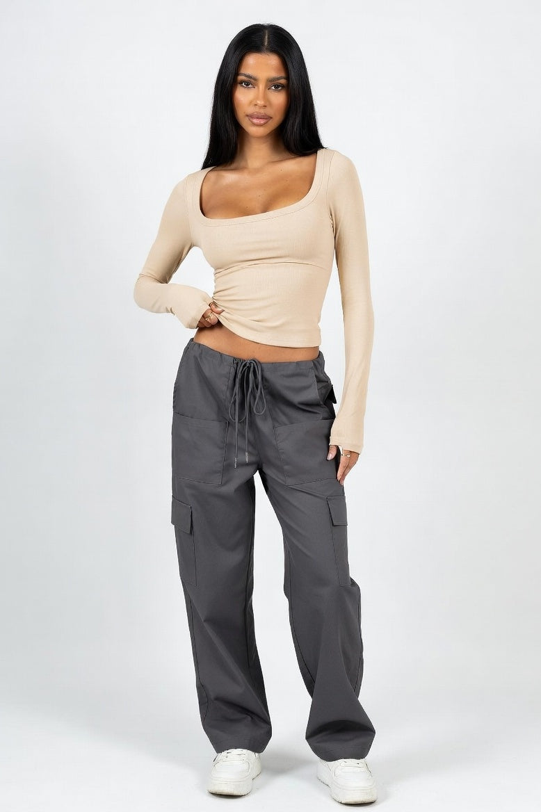 Ribbed U-Neck Long Sleeve Top — Apricot