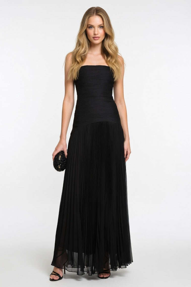 Striped Tube Top Pleated Dress — Black