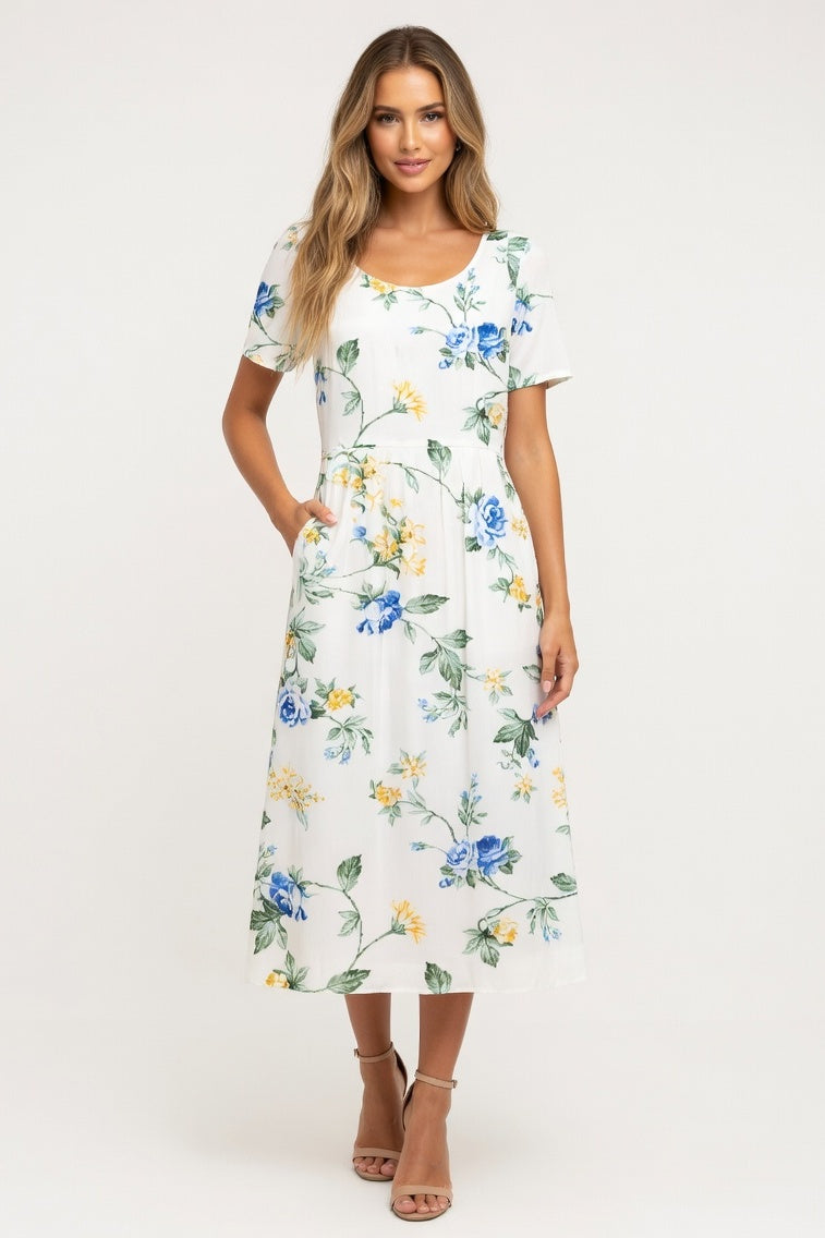 Printed Round Neck Pocket Dress — Print 8