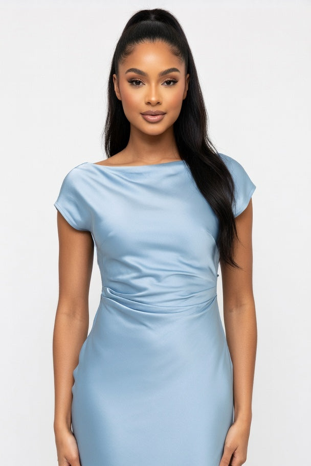 Satin One Shoulder Fishtail Dress — Light Blue