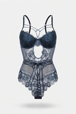 Lace Bodycon Jumpsuit with Bow Detail — front view