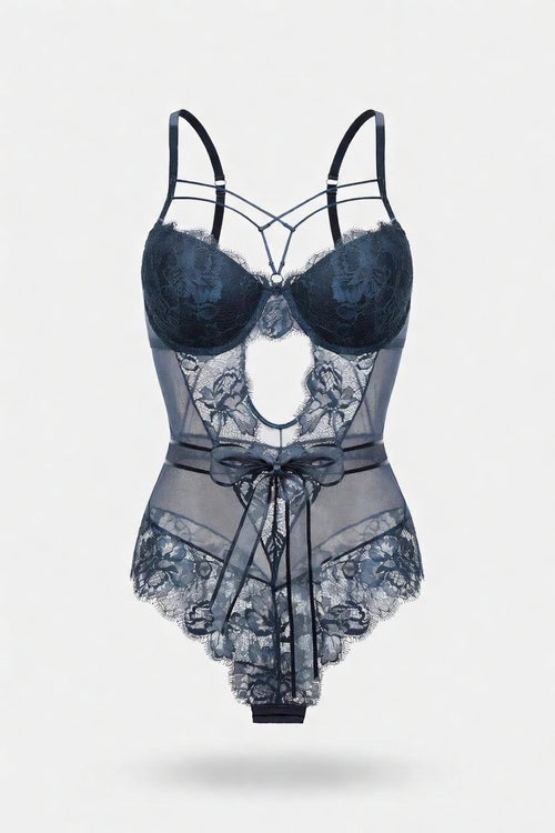 Lace Bodycon Jumpsuit with Bow Detail — front view