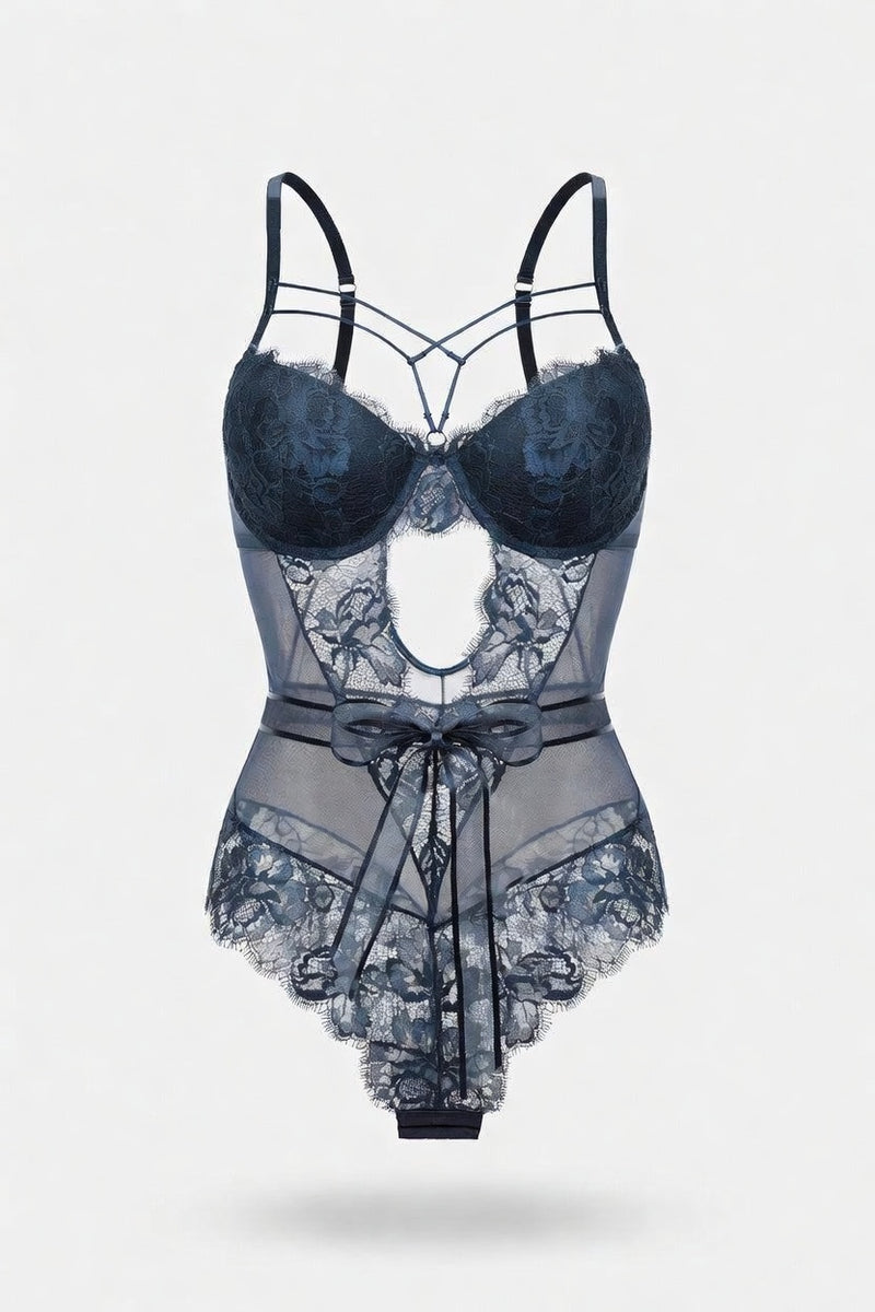 Lace Bodycon Jumpsuit with Bow Detail — front view