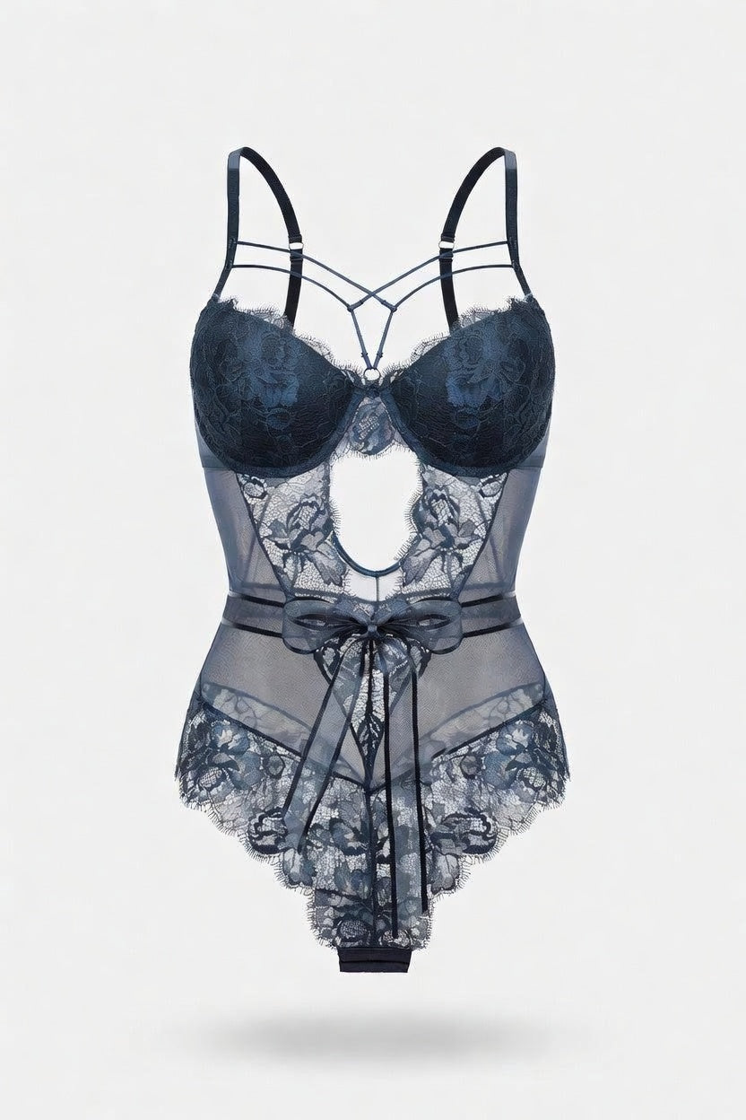 Lace Bodycon Jumpsuit with Bow Detail — front view