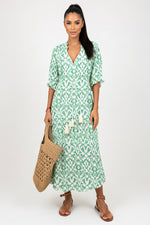 Printed V-Neck Midi Dress — Light Green