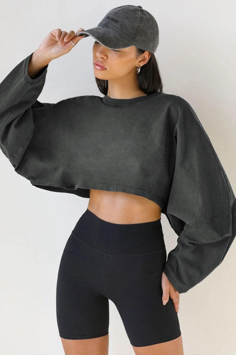 Cropped Long Sleeve Top — Dark Grey — colour variant