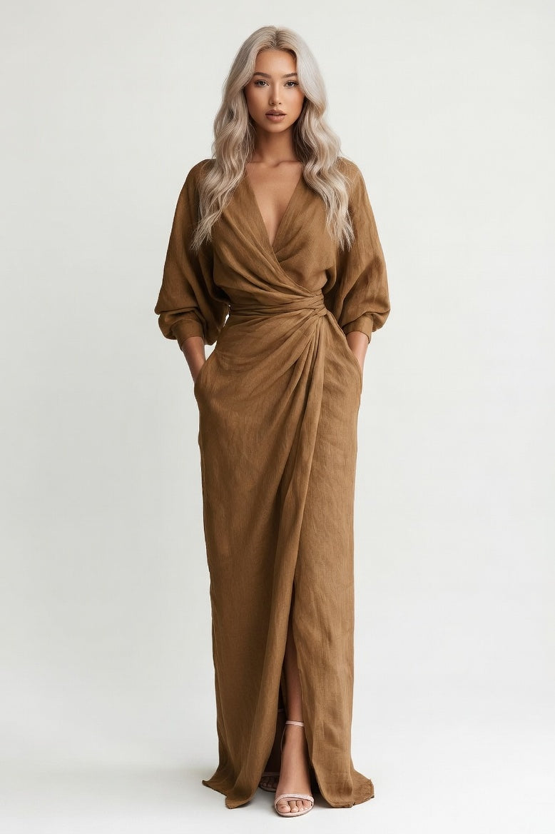 V-Neck Maxi Dress with Side Split — Khaki