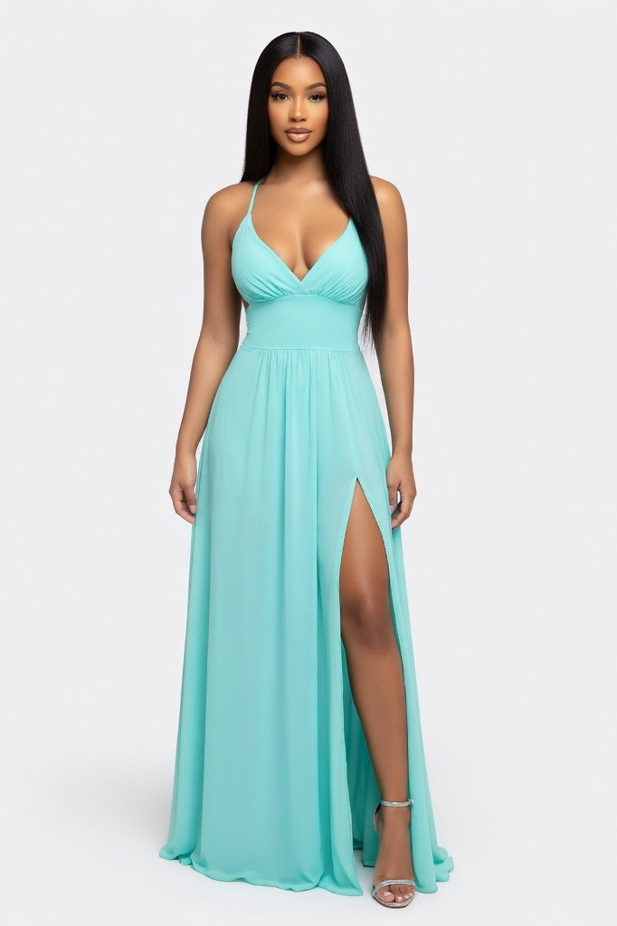 V-Neck Halter Jumpsuit with Side Slit — Sky Blue